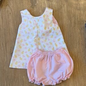Pink & Yellow Lemon Pattern Sleeveless Dress with Pink Gingham Bloomers